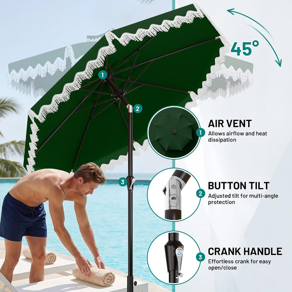 9ft Patio Umbrella with Fringe Tassels, Wind-Resistant Fiberglass Ribs - Dark Green