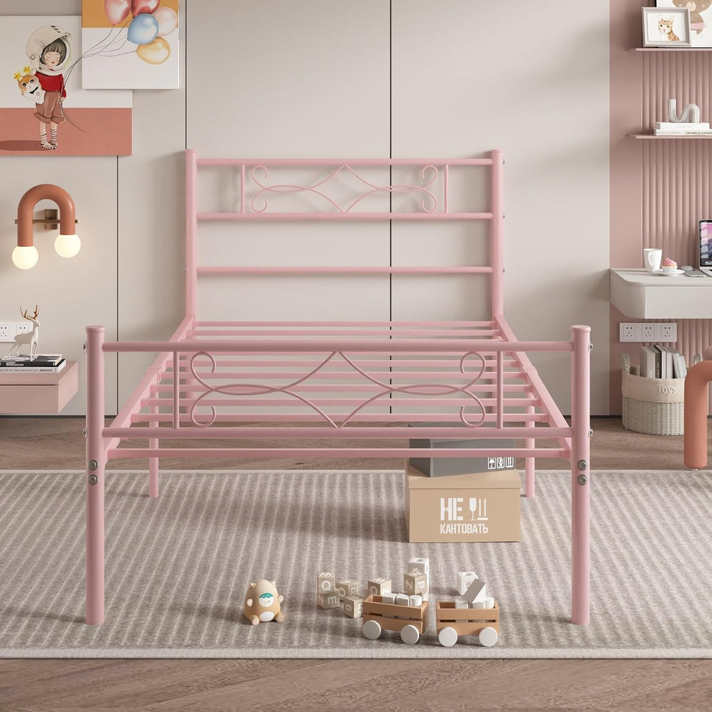 14" Twin Size Pink Metal Platform Bed Frame with Headboard for Kids,Premium Steel Slat Support/No Box Spring