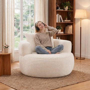 47.2" Round Accent Chair, Barrel Lounge Chair , White | Comfy Oversized Corduroy Upholstery Deep Seat Single Cuddle