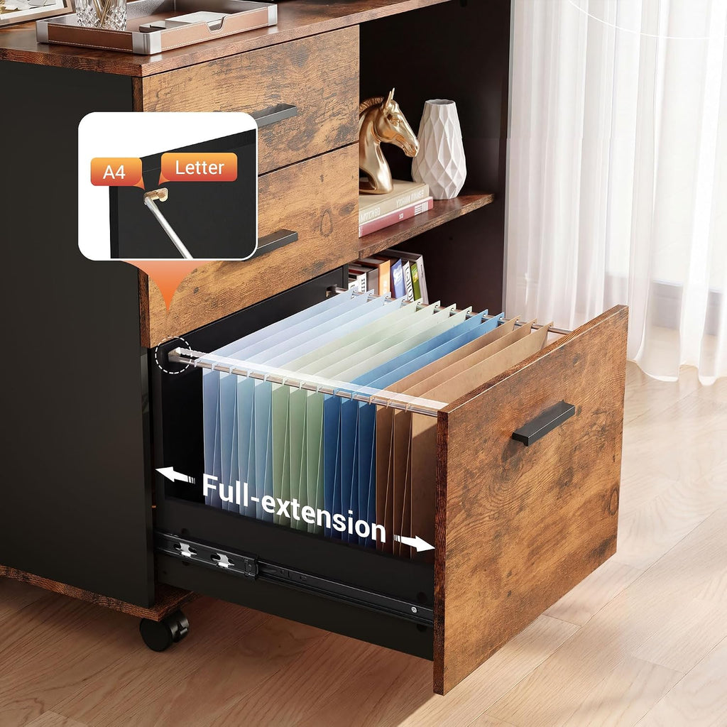 3 Drawer Wood File Cabinet, Rolling Filing Cabinet with Open Storage Shelf, Printer Stand Storage and Organization