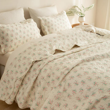 100% Cotton Quilt Set - Pink Flower Botanical Bedspread, Soft 68x86 Quilted Coverlet, Lightweight Farmhouse 2