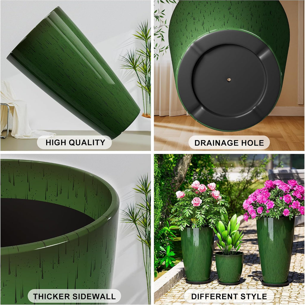 24,21,11 inch Large Planters with Drainage Hole & Saucer, Set of 3 Plant Pots Tall Planter for Indoor & Outdoor