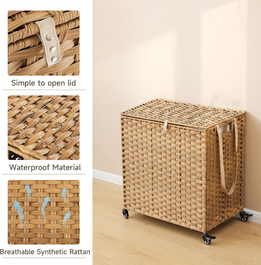 Laundry Hamper with Wheels, 39.6 Gallon(150L) Rolling Laundry Basket with Lid, 3-Section Rattan Clothes Hamper with 3