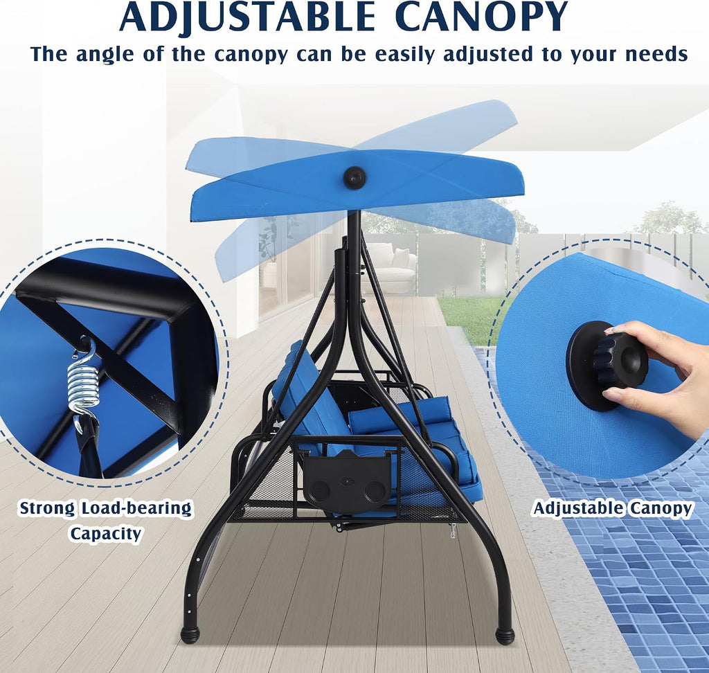 Outdoor Porch Swing with Canopy and Stand, 3 Person Patio Swing for Adults, Convertible 2 in 1 Porch Bed Swing with