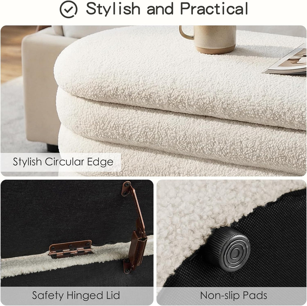 Storage Ottoman Bench, 45'' Upholstered Boucle Ottoman with Storage, Aesthetic Bedroom Bench Entryway, Beige