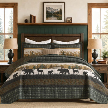 100% Cotton Quilt Set, Rustic Cabin Plaid Bear, Green/Brown