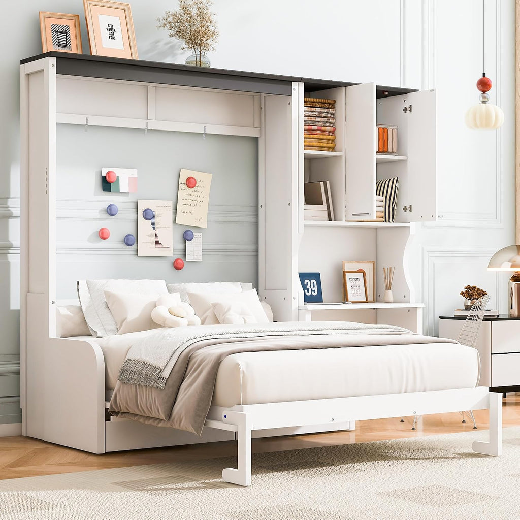 Queen Wood Murphy Bed with Upholstered Sofa & Desk, Multifunctional Foldable Wall Platform Bed for Guest-Room