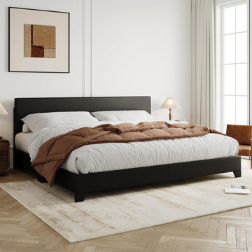King Bed Frame with Adjustable Headboard, Faux Leather Platform Bed with Wood Slats, Heavy Duty Mattress Foundation