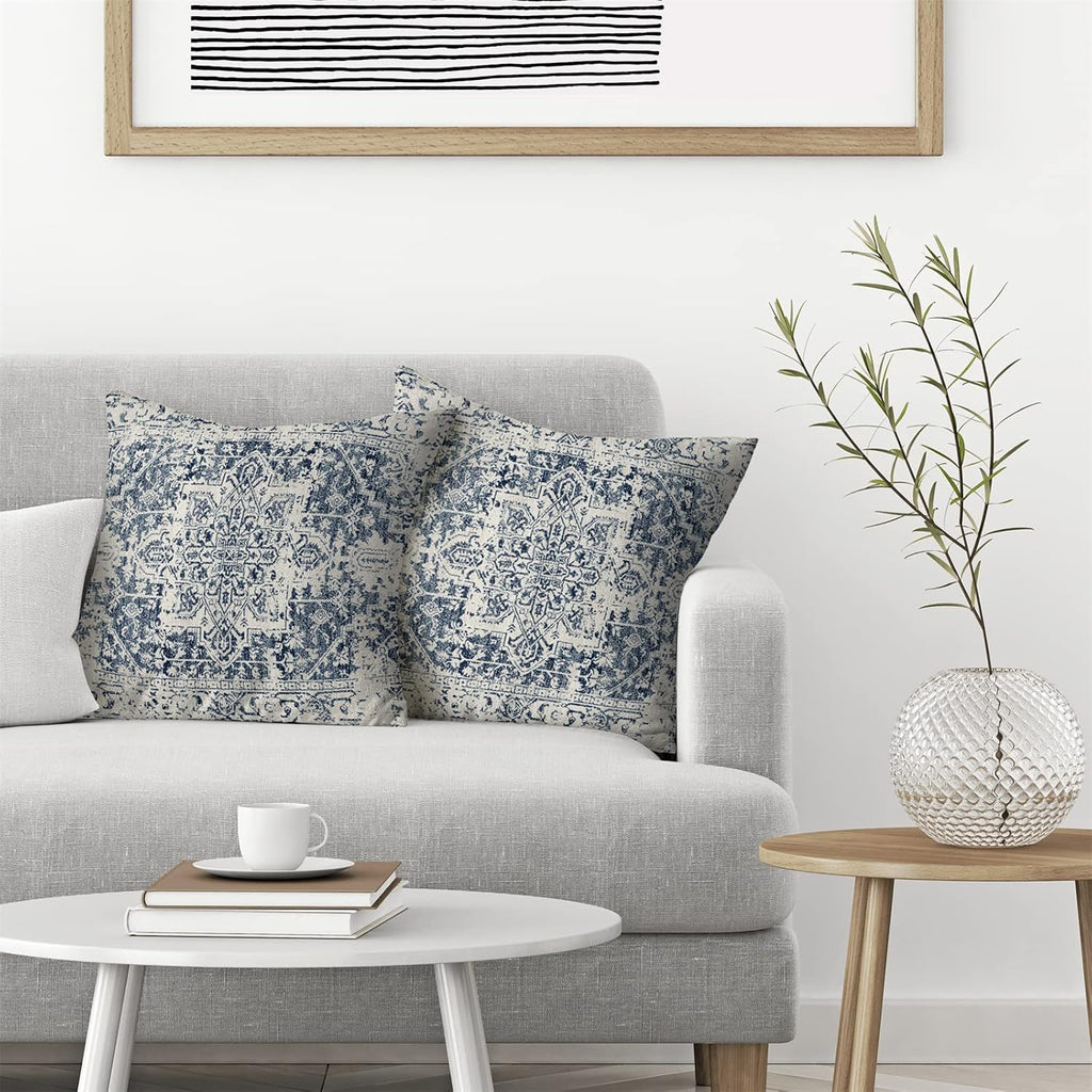 Boho Pillow Covers 20x20 Set of 2, Ethnic Design Decorative Throw Pillows Linen Blue Carpet Pattern Farmhouse Cushion