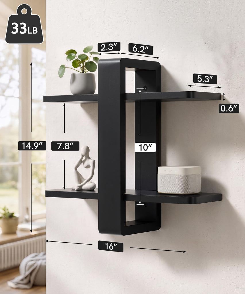 Black Floating Shelves for Wall, 2 Tier Adjustable Shelf Unit