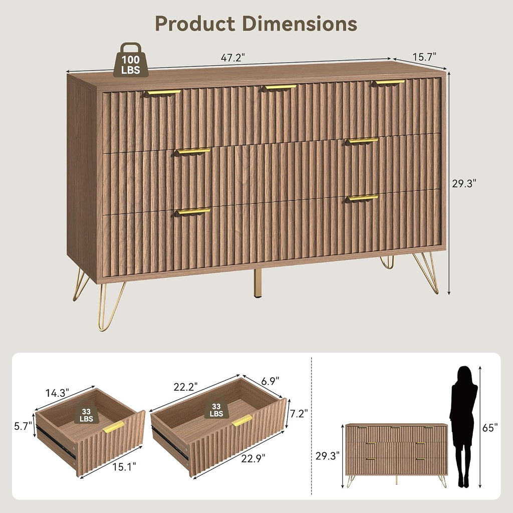 Fluted 7 Drawers Dresser , Wood Dressers with Scratch-Proof Golden Handles, Natural Curved Profile, Modern Chest