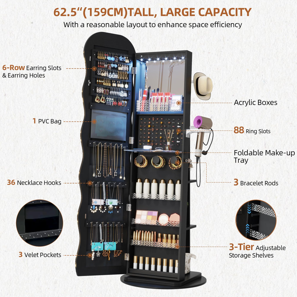 LED Mirror Jewelry Cabinet Standing, 360° Swivel, Black