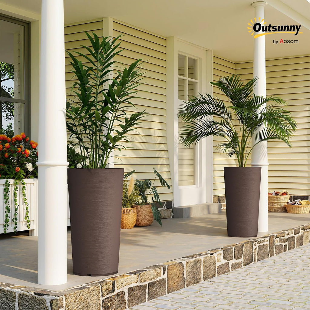 29 Inch Tall Planters for Outdoor Plants Set of 2, Brown | Plastic Flower Pots, DIY Drainage Holes, Stackable Large
