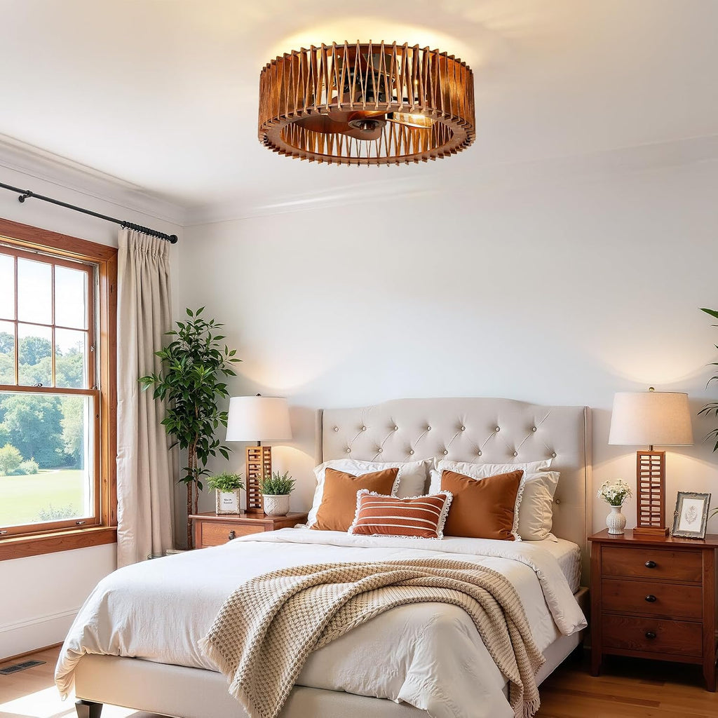 20" Flush Mount Caged Ceiling Fan with Light, Farmhouse Low Profile Ceiling Fan with Remote
