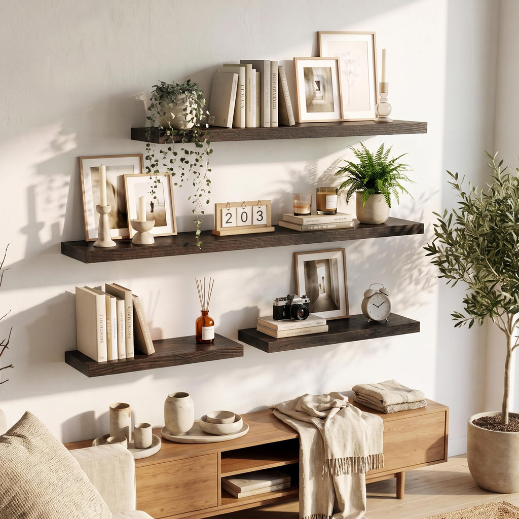 Elm Floating Shelves for Wall - 36 in Rustic Solid Wood Shelves with Heavy-Duty Invisible Bracket, Wall-Mounted