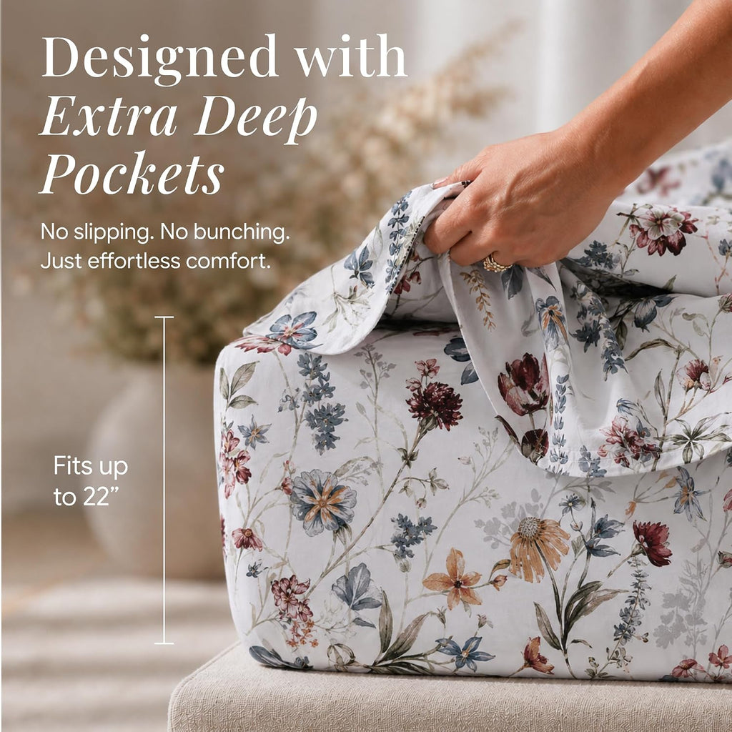 Deep Pocket Sheet Set - 300 Thread Count Cotton Sateen Sheets with 22-Inch Extra Deep Pockets, Oeko-Tex