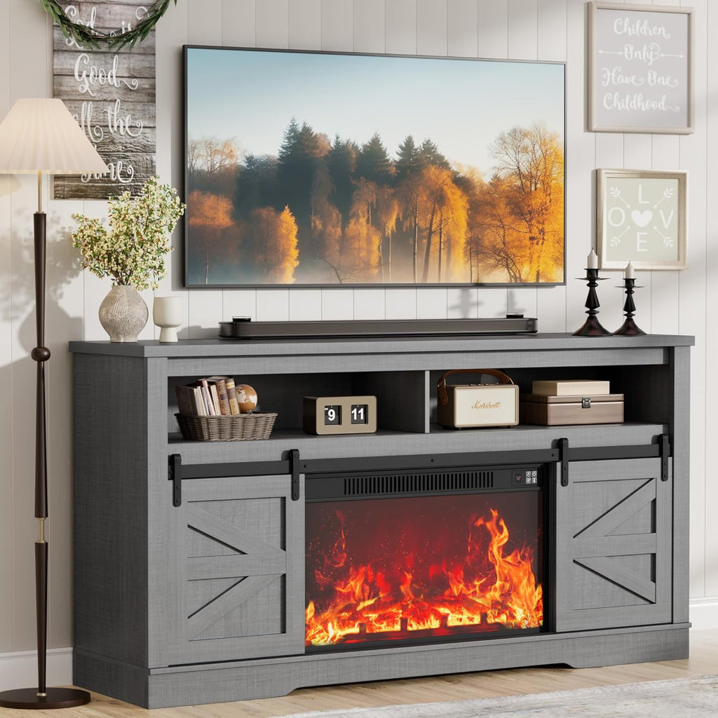 Fireplace TV Stand for 65+ Inch TV with 26'' Fireplace Entertainment Center with Storage Cabinet and Adjustable