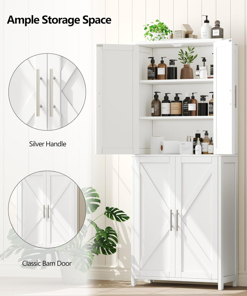 63''H Tall Bathroom Storage Cabinet Adjustable Shelf White | Floor Cabinet with Barn Doors, Adjustable Shelf, Linen