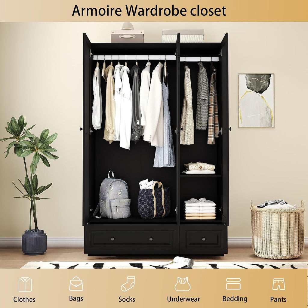 Armoire Wardrobe Closet with Drawers: 47" Black Wardrobe Closet with 3 Doors and 2 Drawers, Wood Clothes Armoire with