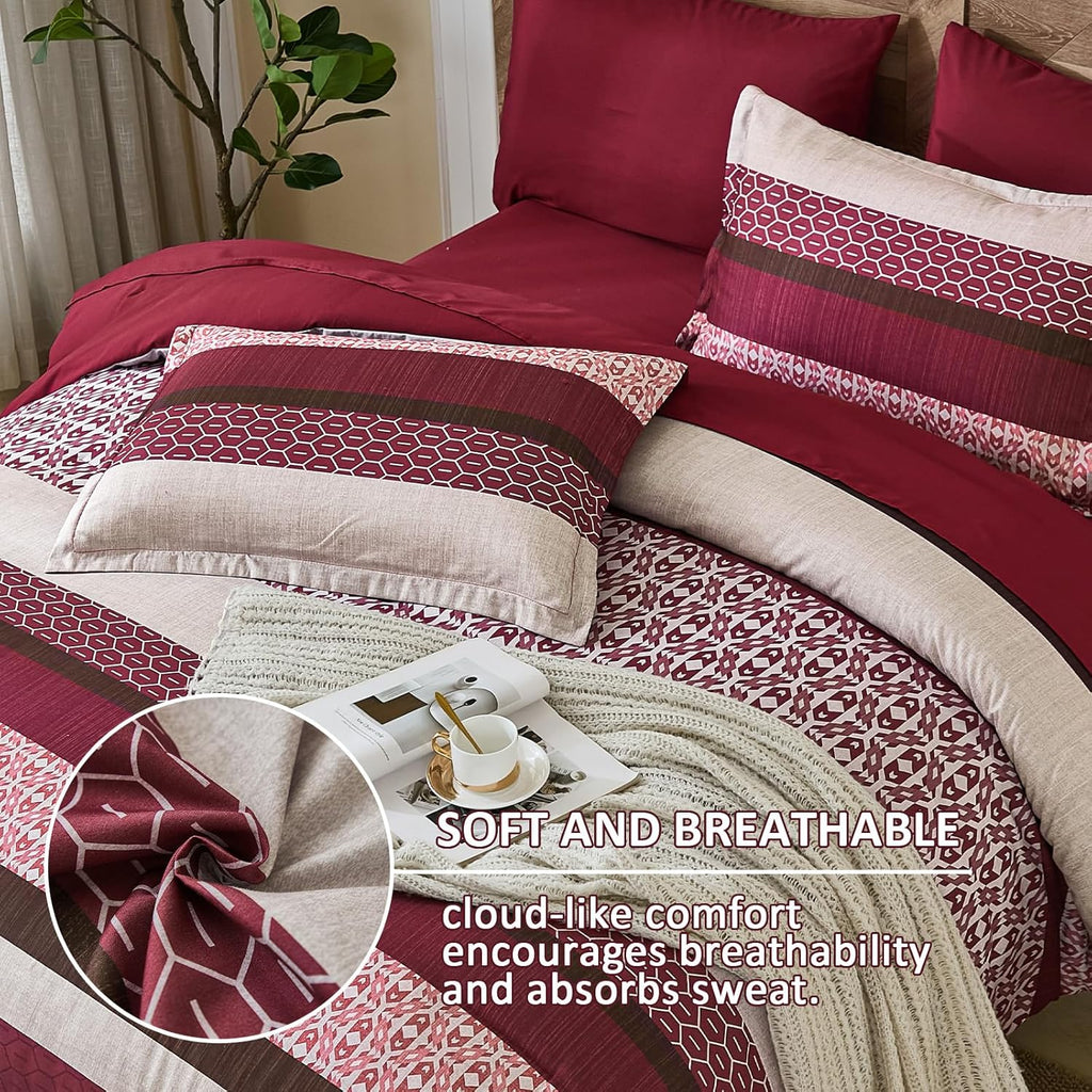 DJY Boho Comforter Set King,7 Pieces Bed in a Bag Burgundy Red Striped Bedding Sets,Patchwork Soft Microfiber Bedding