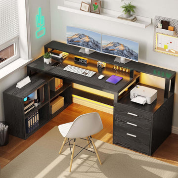 L Shaped Desk with Drawers, 65" Computer Desk with Power Outlets & LED Lights