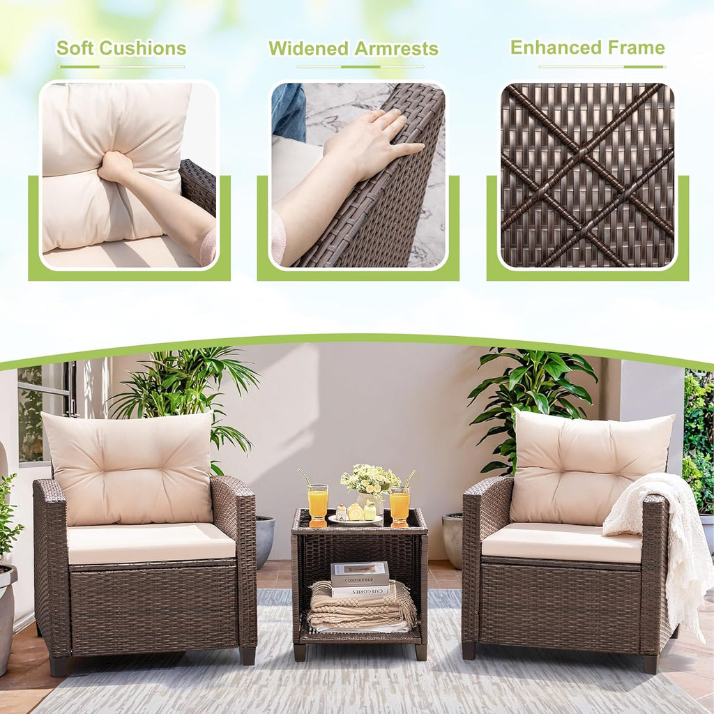 3 Pieces Patio Furniture Set, PE Rattan Wicker Patio Set with Two Outdoor Chairs and Table