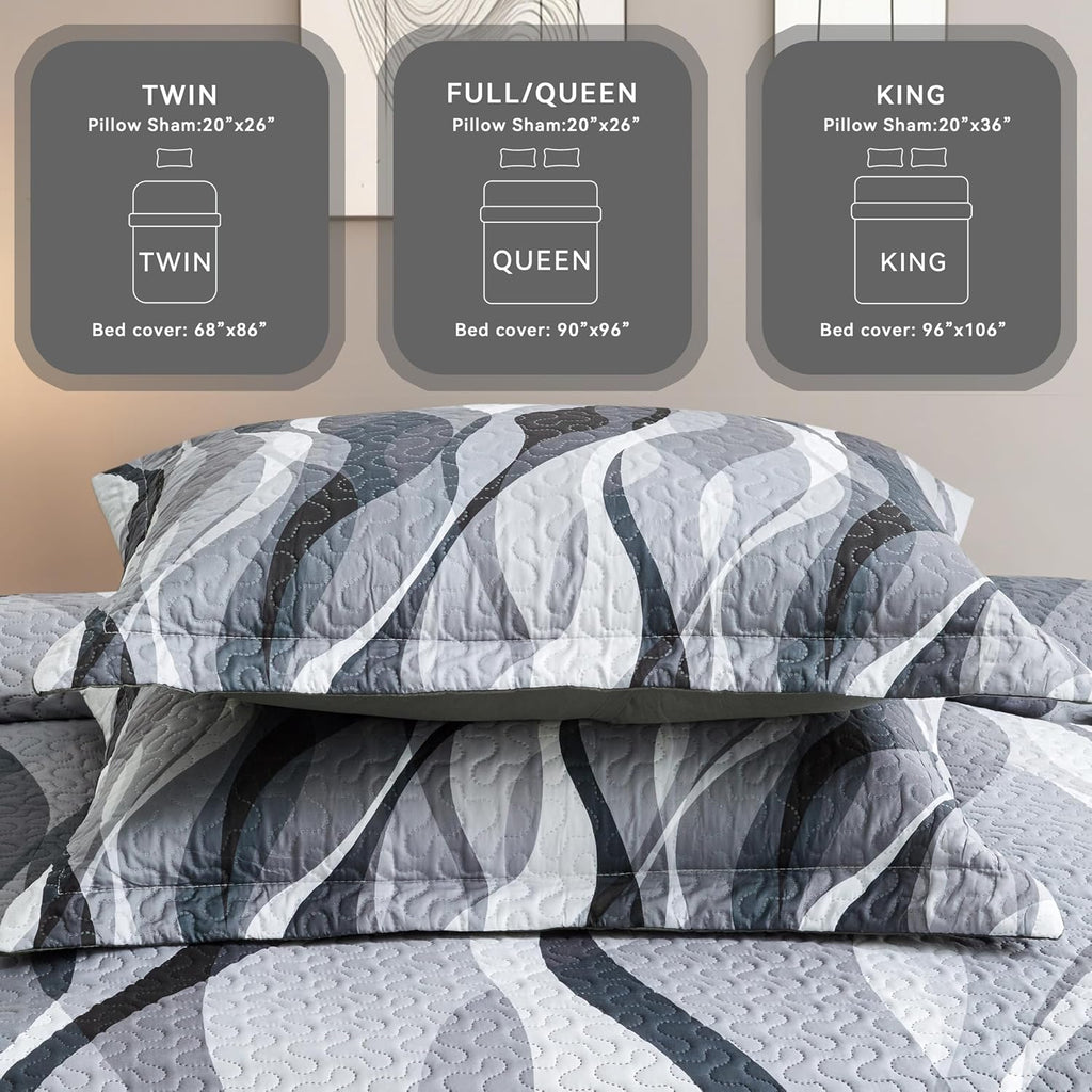 3 Piece Black White Twin Quilt Striped Reversible Bedding Set