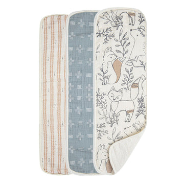 Muslin Baby Burp Cloths, Lightweight Absorbent Burp Cloth, Woodland Animal, Set of 3, 7" x 20", Newborn Baby