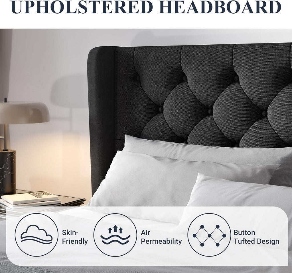 Queen Bed Frame with Button Tufted Wingback Headboard, Modern Upholstered Bed Frame with Solid Wooden Slats Support