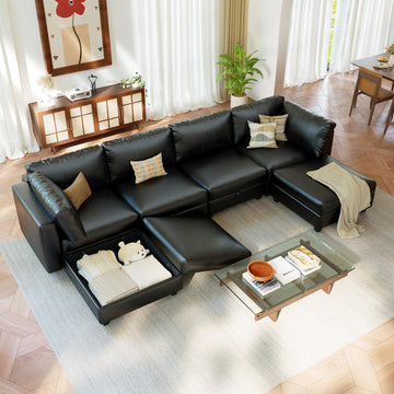 128" 6 Seat Modular Sectional Sofa, Convertible L & U Shaped Couch with Storage, Modern Leather Couch with Ottomans