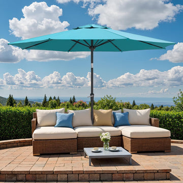Outdoor Patio Umbrella, Table Umbrella with Push Button Tilt and Crank, 8 Ribs Market Umbrella - Blue-fiberglass Ribs