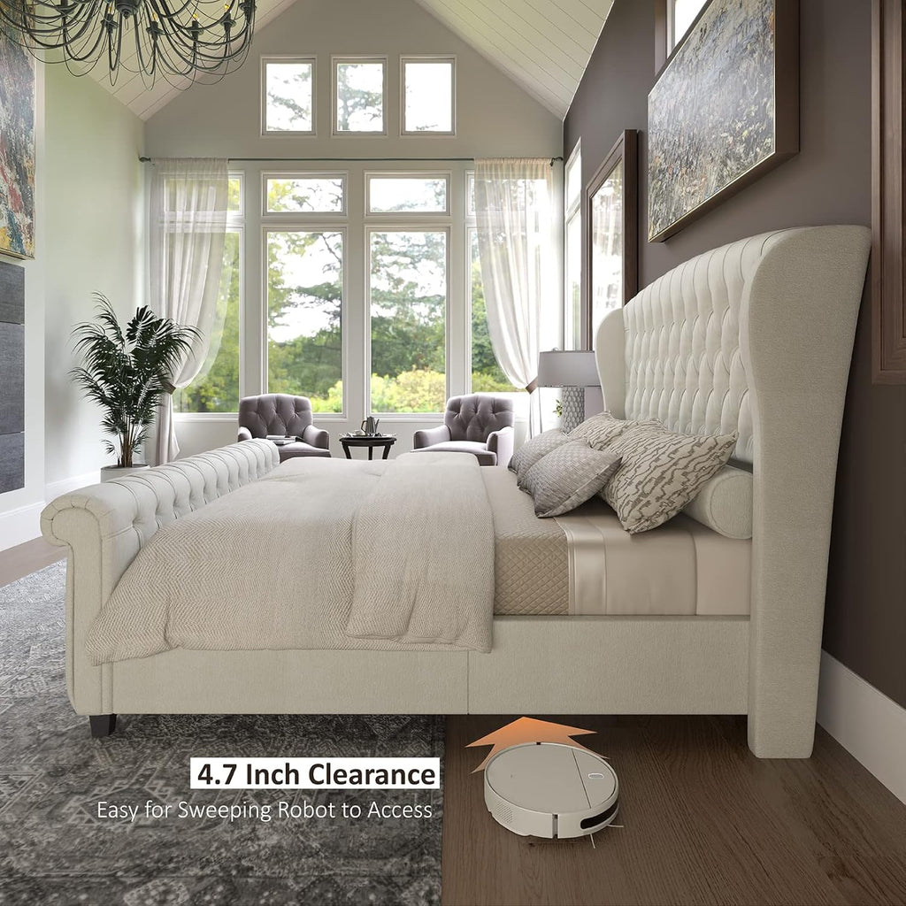 Queen Platform Bed Frame, Chenille Upholstered Sleigh Bed with Scroll Wingback Headboard & Footboard/Button Tufted/No