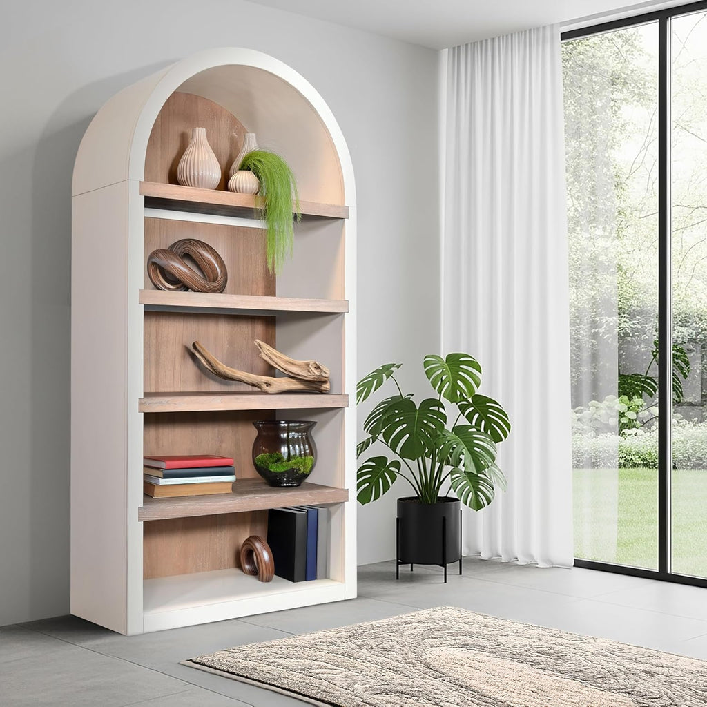 Arched Solid Wood Bookcase, 84” Tall - Painted Mahogany with Shelves, Fully Assembled