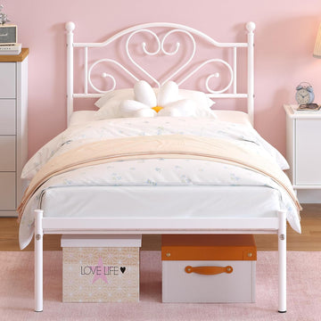 Twin Bed Frames with Headboard, Heavy Duty Metal Platform for Kids Girls | Under Bed Storage Space, Easy Assembly, No