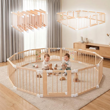 Baby Playpen with Montessori Toys, 12 Panels Foldable Wooden Play Yard for Toddlers & Infants 2-in-1 Baby Fence Play