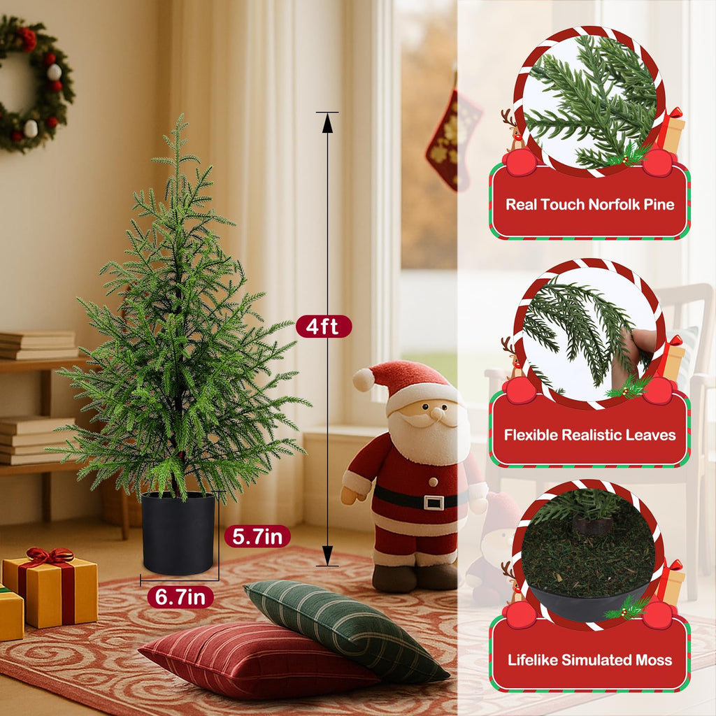 4FT Prelit Norfolk Pine Christmas Tree Real Touch Artificial Cedar Tree with 80LED Lights & 8-Function Plug-in Potted
