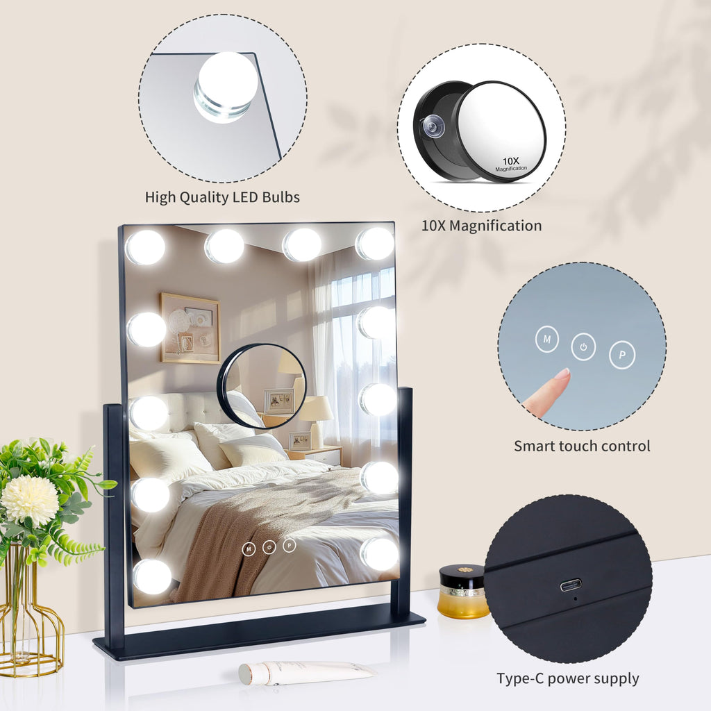 Vanity Mirror with Lights,Lighted Vanity Mirror with 12 Dimmable Bulbs for Dressing Room & Bedroom,3 Color