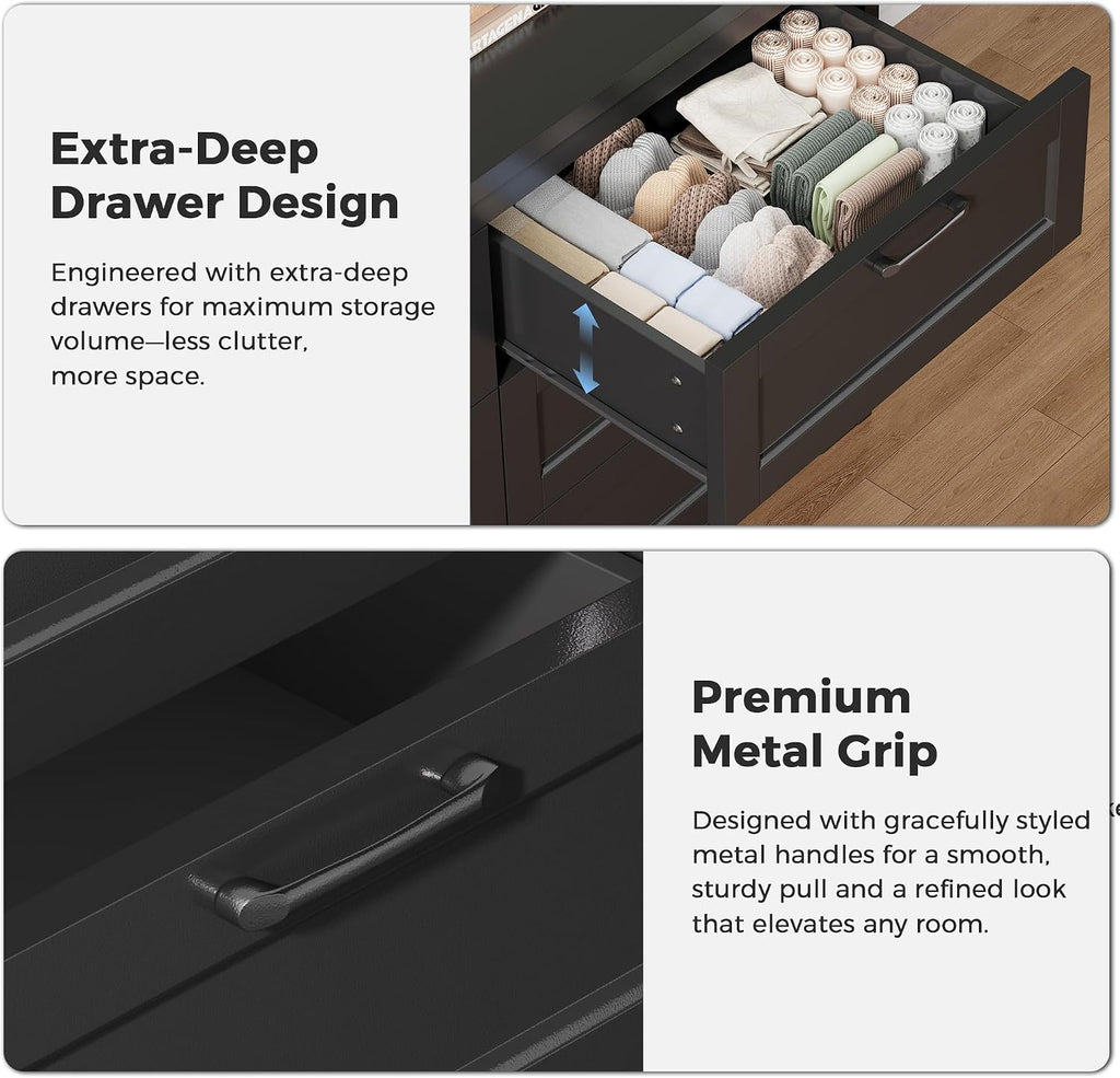 Black 6 Drawer Dresser , 47.2" Modern Chest of Drawers | Wooden Storage Dresser with Mental Handle, Large Double
