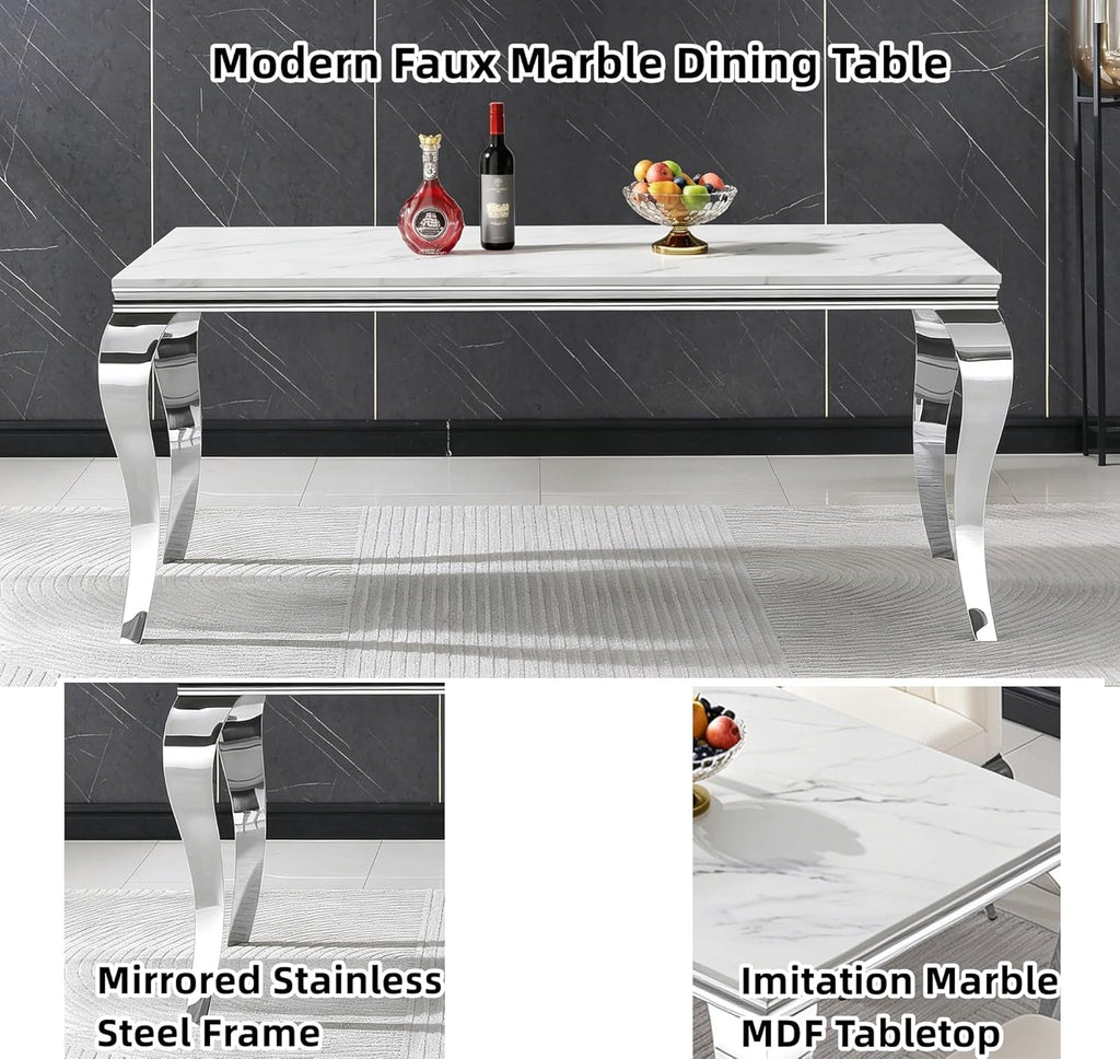 Luxury Marble Dining Table Rectangular 68" Faux Marble Kitchen Table with Silver Mirrored Stainless Steel Legs, White