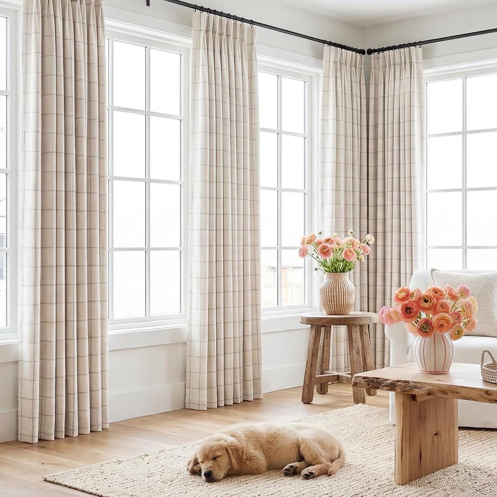 Linen Plaid Checkered Blackout Curtains Gingham Double Layer 108 Inches Long 2 Panels Set Patterned Printed Design