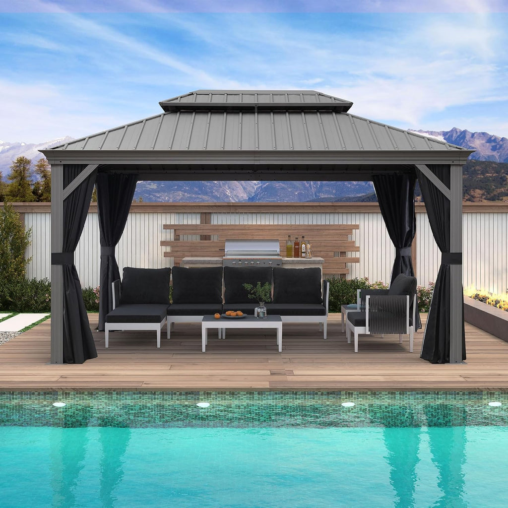 10' X 14' Patio Hardtop Gazebo Aluminum Outdoor Gazebo with Double Galvanized Steel Roof for Deck Backyard All Weather