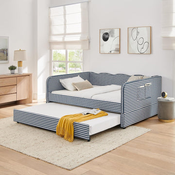 Gingham Daybed with Pop-up Trundle and Side Storage Pockets /Guest Room, Full Size 3-in-1 Convertible Upholstered