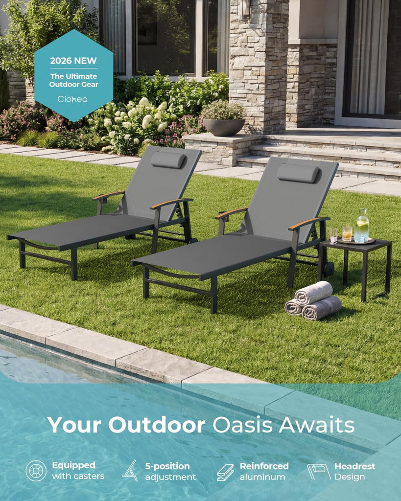 Outdoor Lounge Chair with Pillow, 5-Position Aluminum Chaise Lounge with Wheels & Armrests, 400 lbs Heavy Duty Patio