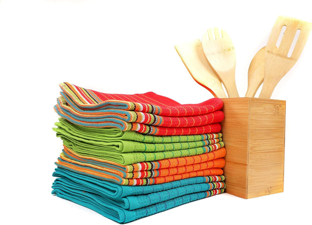 Salsa Stripe Kitchen Dish Towels | 100% Natural Absorbent Cotton Waffle Towels | Multi-Purpose Festive Red, Orange