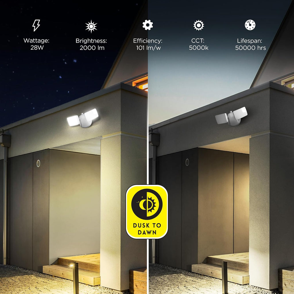 Electric 28W Dusk to Dawn Dual Head Outdoor LED Security Flood Light, 2000 Lumens, 5000K Daylight, Adjustable Heads