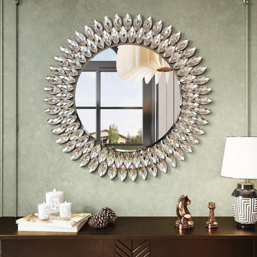 Round Jeweled Mirror for Wall Decor, 26 in Modern Decorative Wall Mirror with Luxury Diamonds Beveled Vanity Mirror