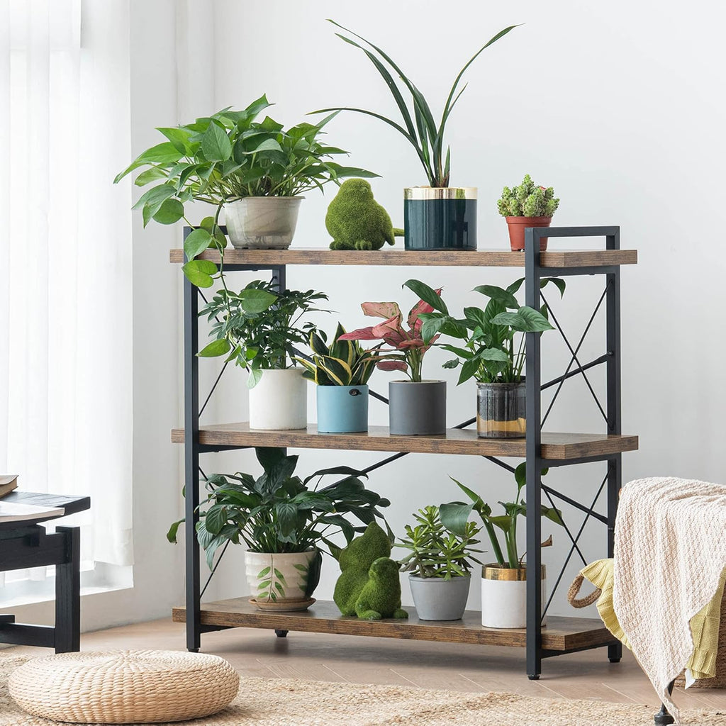 Bookshelf, 3-Tier Industrial Bookcase, Rustic Open Book Shelf, Wood and Metal Horizontal Bookshelves