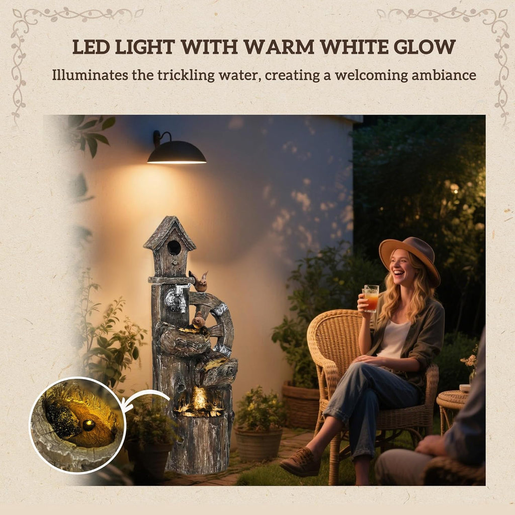 Outdoor Water Fountain, Decorative Garden Birdhouse, 3-Tier Cascading Waterfall with LED Lights and Water Wheel