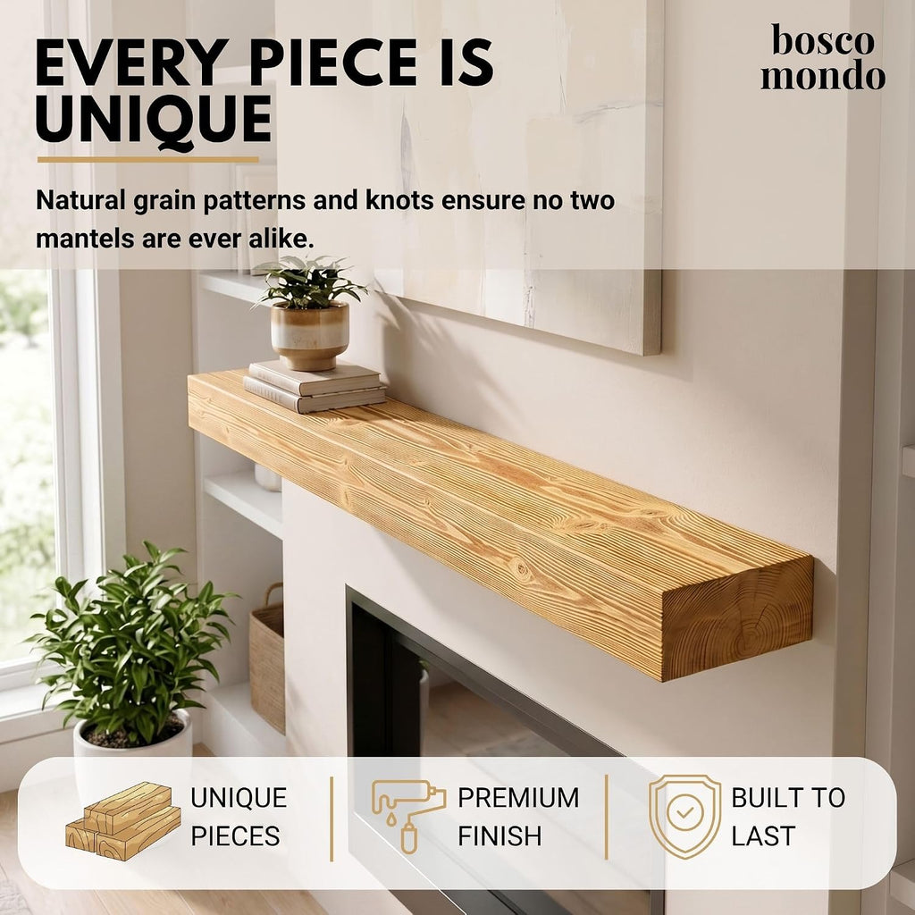 Solid Wood Shelf, Floating Mantle for Living Room, Farmhouse Rustic Wood Mantel, Easy Wall Mount with Heavy-Duty