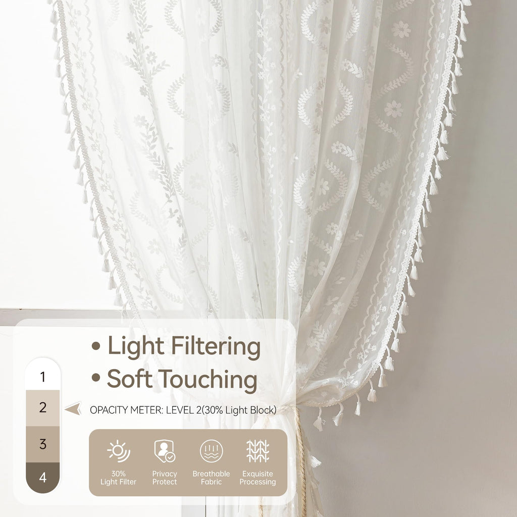 White Boho Lace Curtains 96 Inch -Cute Vintage Victorian Sheer Panel Drape French Country Floral Pattern & Tassel